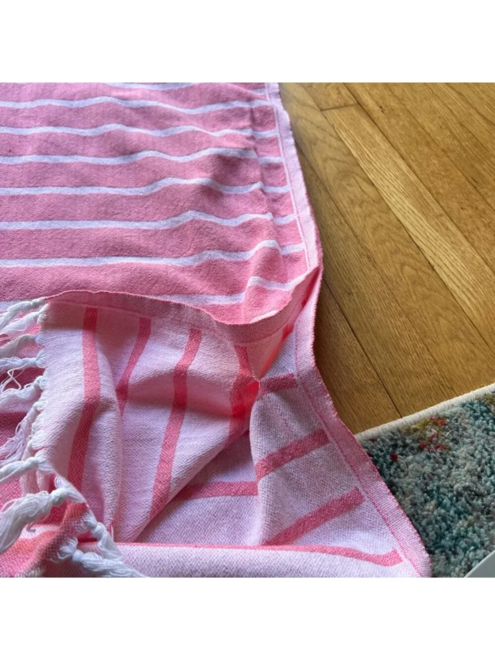 Jennifer Shamam OS Pink & White Striped Hand Woven Tassel Kaftan Beach Cover Up